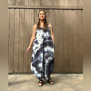Navy White Tie Dye Jumpsuit Wide Leg Flowy Boho Lounge Onesie Size L